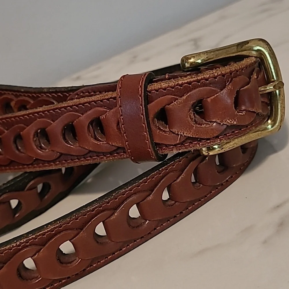 Men's 46 Brown Leather Open Loop Belt Casual Neutral Preppy Quality